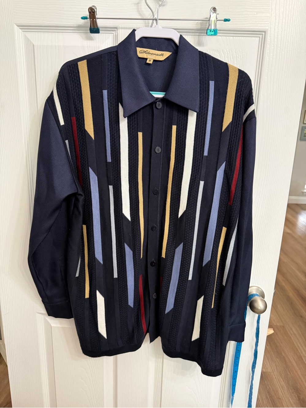 Silversilk Luxe Navy Geometric Knit Button Front Shirt Mens M Retro 90s Vintage